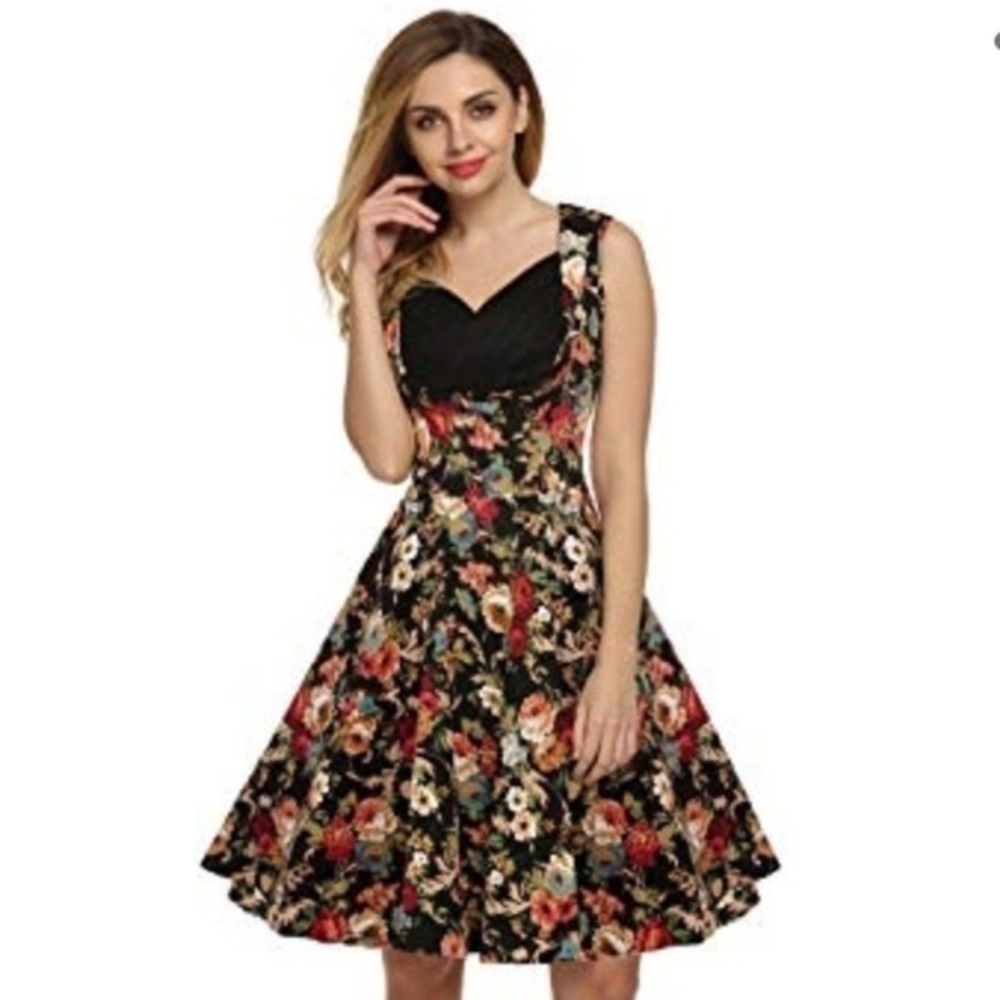 Lindy Bop Pleated Floral Vintage Style Cotton Blend Swing Dress - Picture 5 of 11